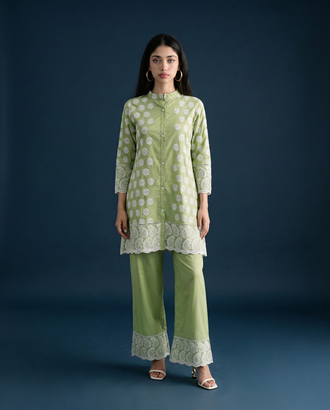 Green Embroidered Cotton Co-Ord Set