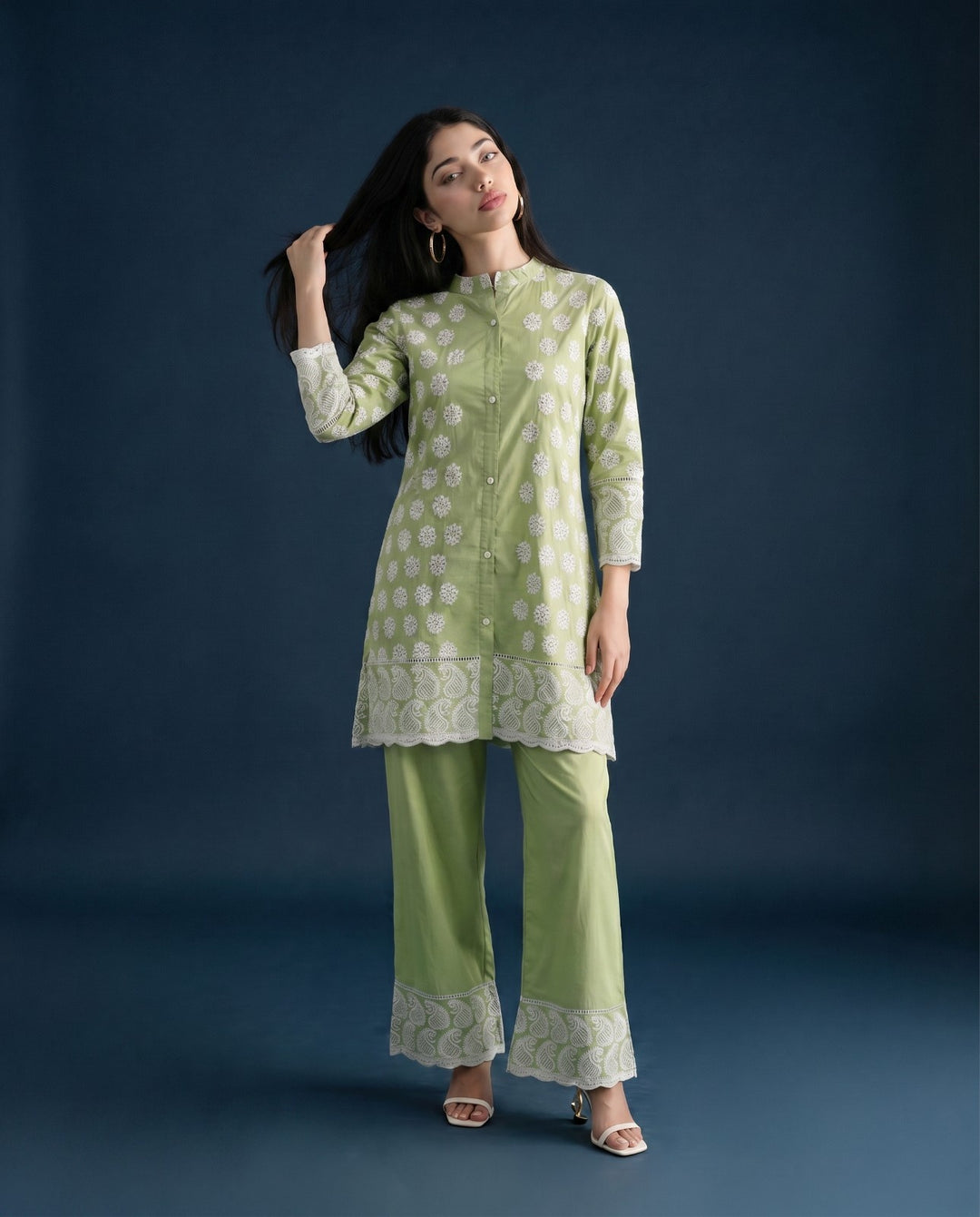 Green Embroidered Cotton Co-Ord Set