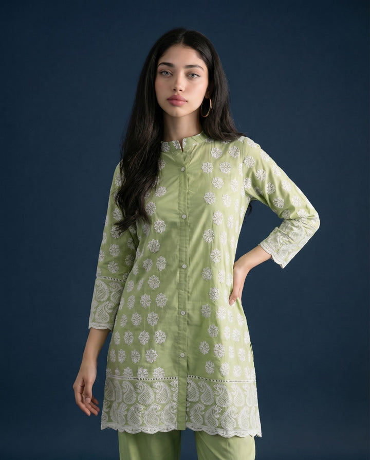 Green Embroidered Cotton Co-Ord Set