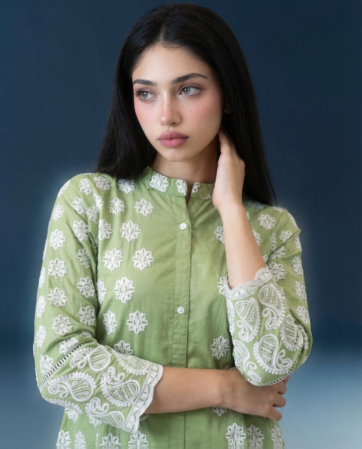 Green Embroidered Cotton Co-Ord Set