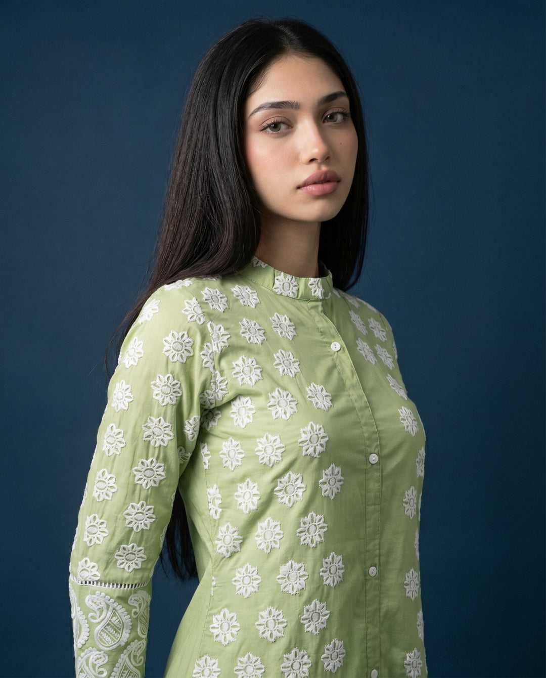 Green Embroidered Cotton Co-Ord Set