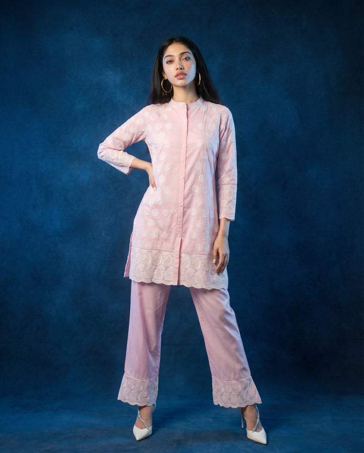 Pink Embroidered Cotton Co-Ord Set