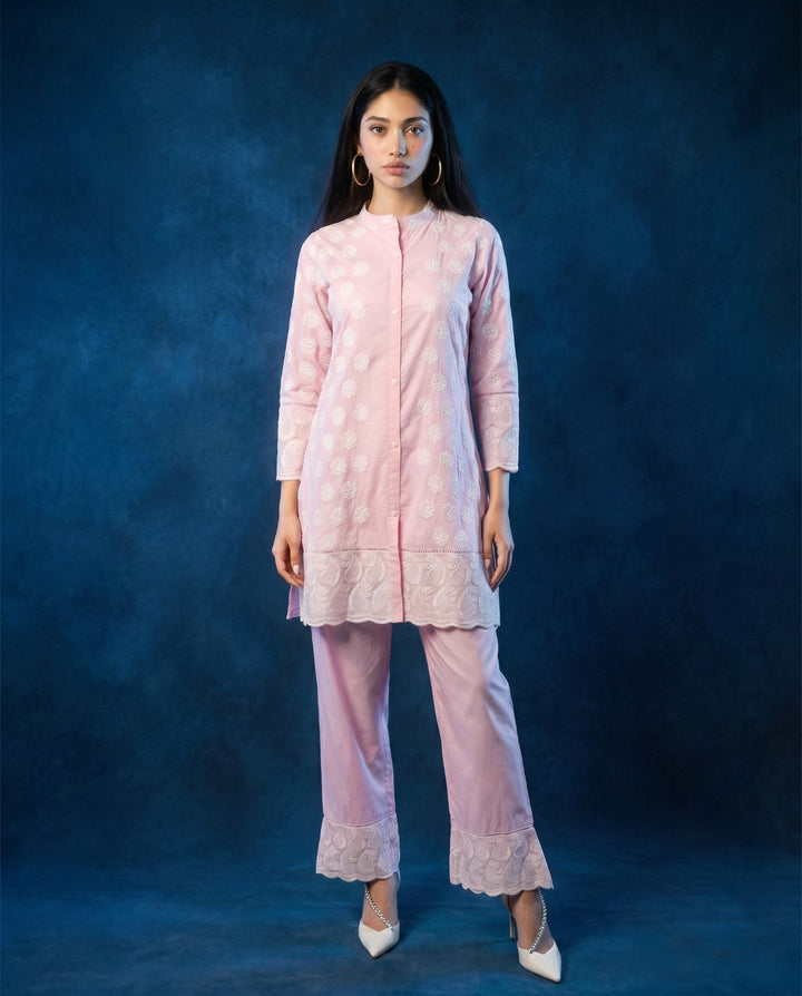 Pink Embroidered Cotton Co-Ord Set