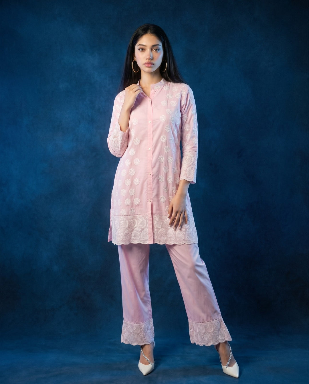 Pink Embroidered Cotton Co-Ord Set