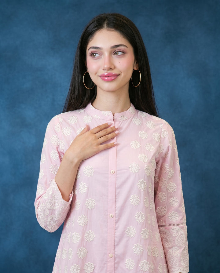 Pink Embroidered Cotton Co-Ord Set