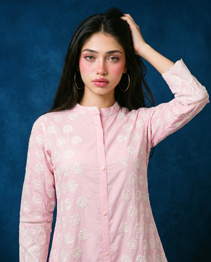 Pink Embroidered Cotton Co-Ord Set