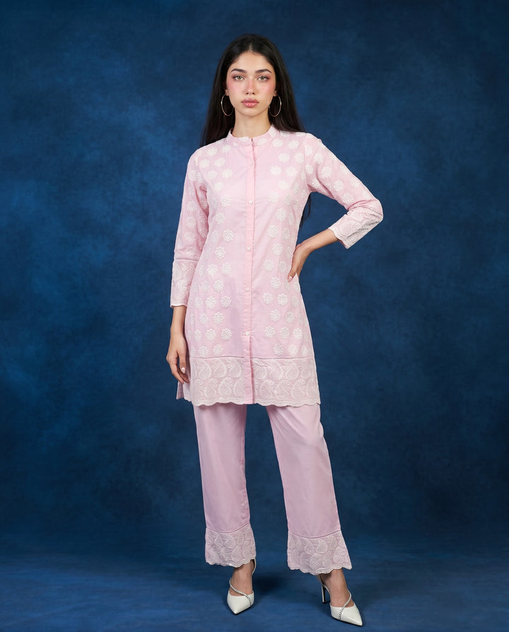 Pink Embroidered Cotton Co-Ord Set