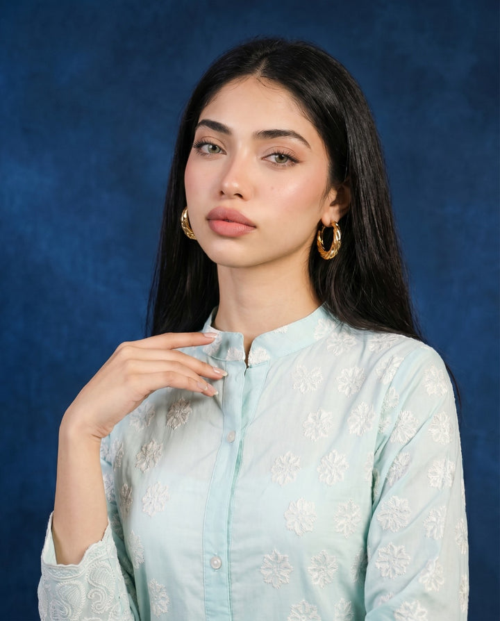 Sky Blue Embroidered Cotton Co-Ord Set