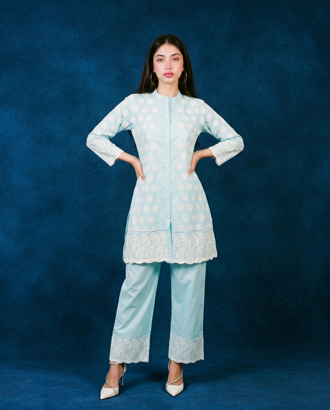Sky Blue Embroidered Cotton Co-Ord Set