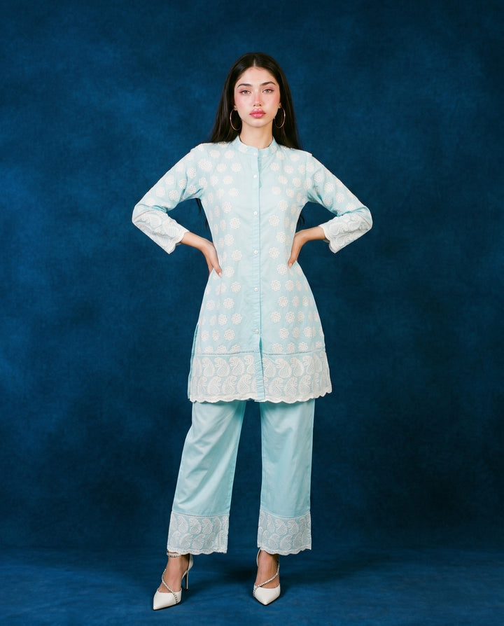 Sky Blue Embroidered Cotton Co-Ord Set