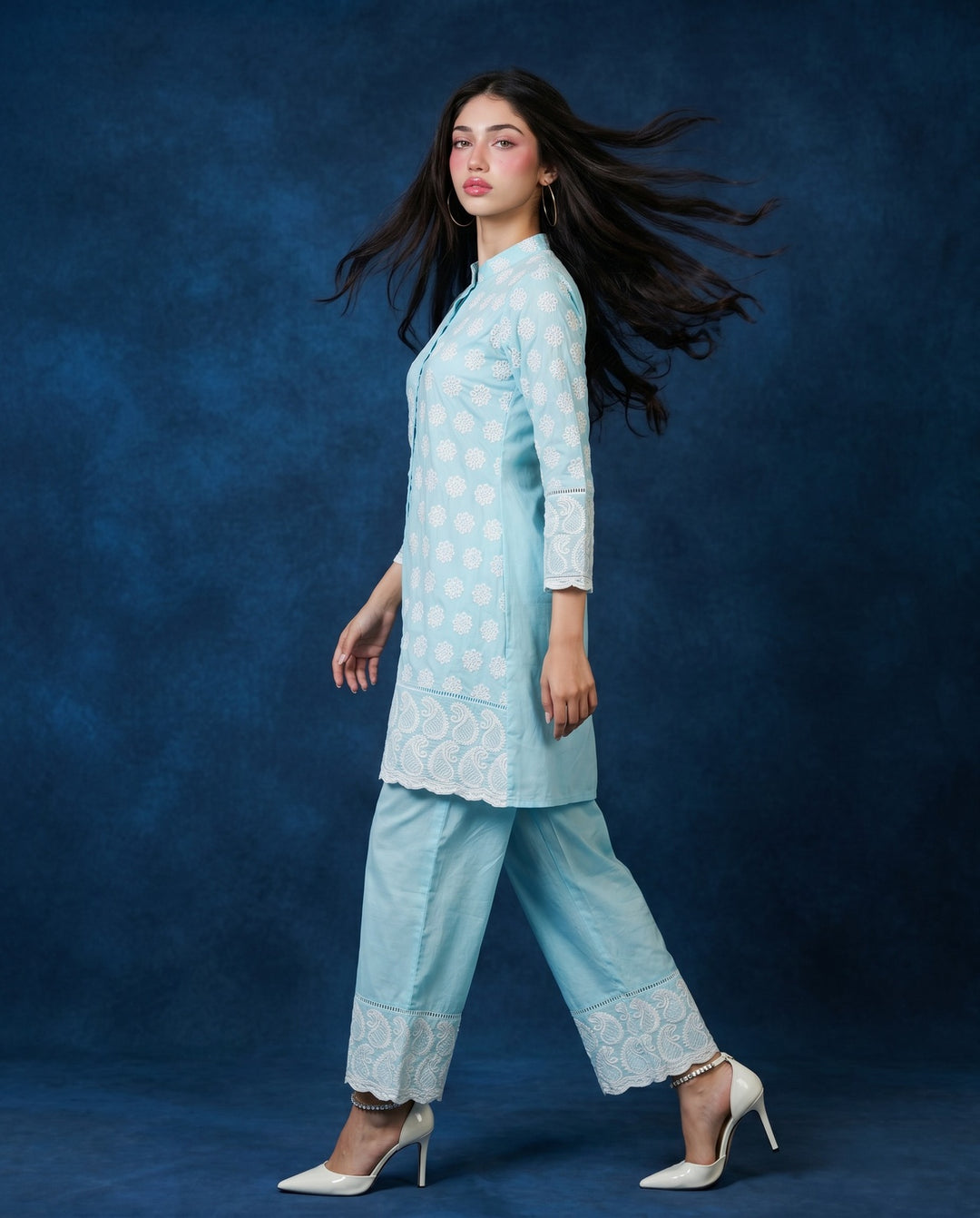 Sky Blue Embroidered Cotton Co-Ord Set