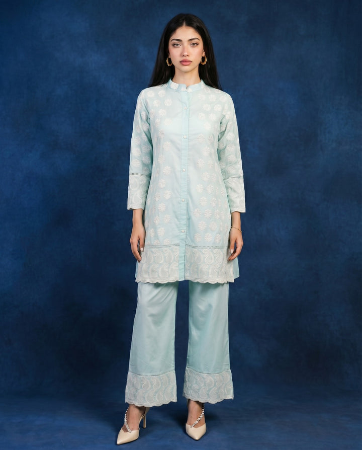 Sky Blue Embroidered Cotton Co-Ord Set