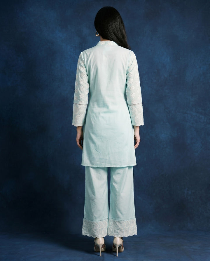 Sky Blue Embroidered Cotton Co-Ord Set