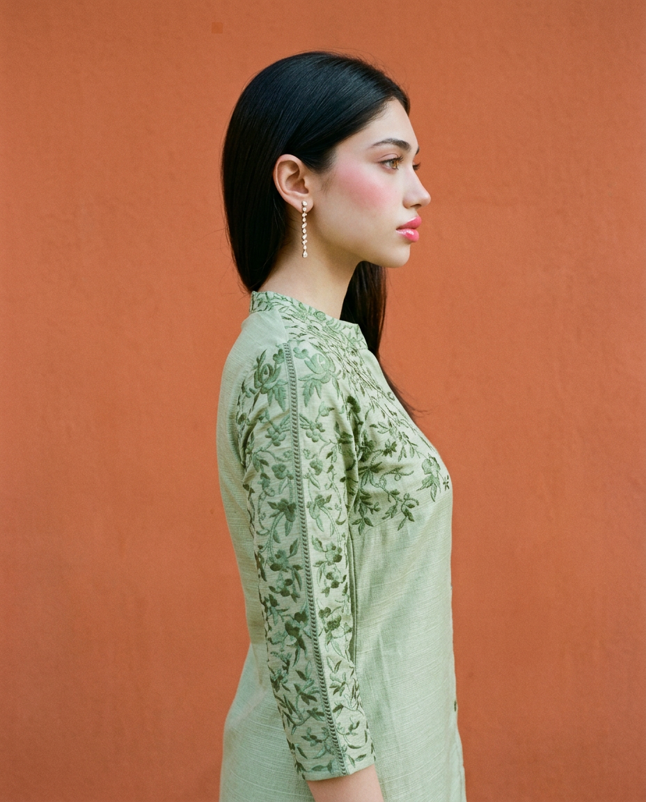 Green Embroidered Viscose Blended Co-Ord Set