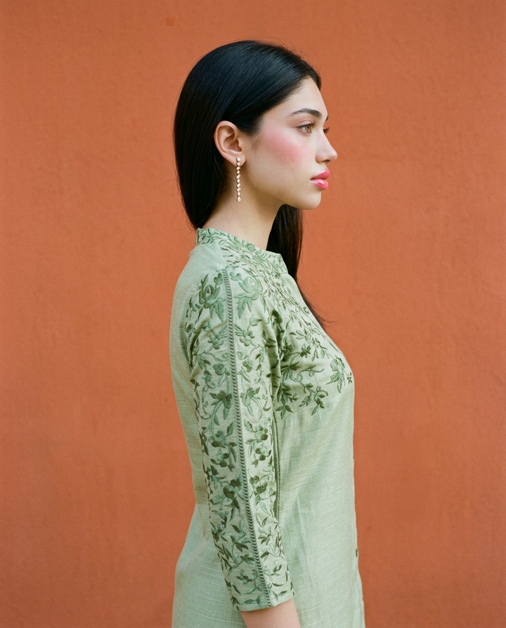 Green Embroidered Viscose Blended Co-Ord Set