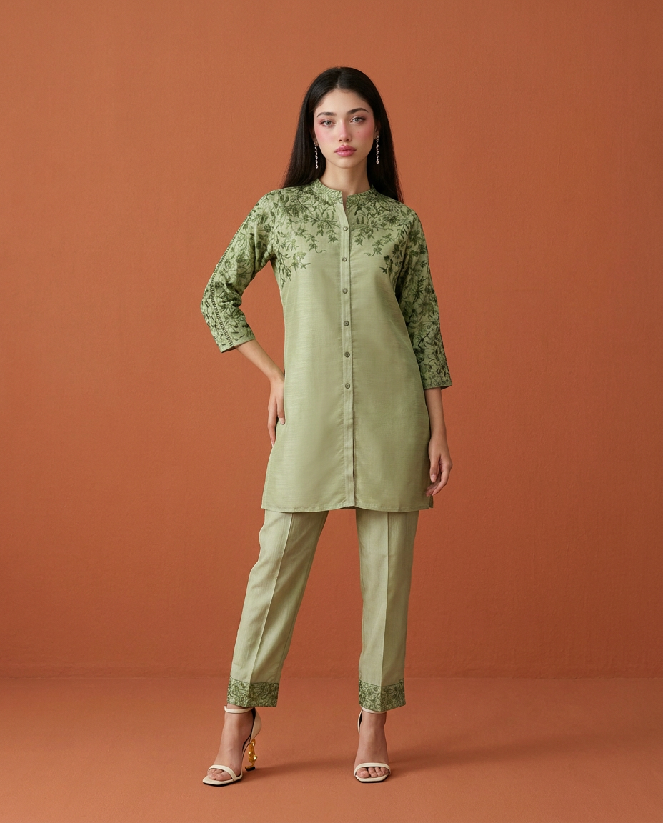 Green Embroidered Viscose Blended Co-Ord Set