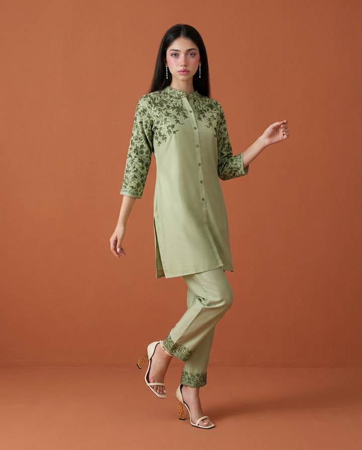 Green Embroidered Viscose Blended Co-Ord Set