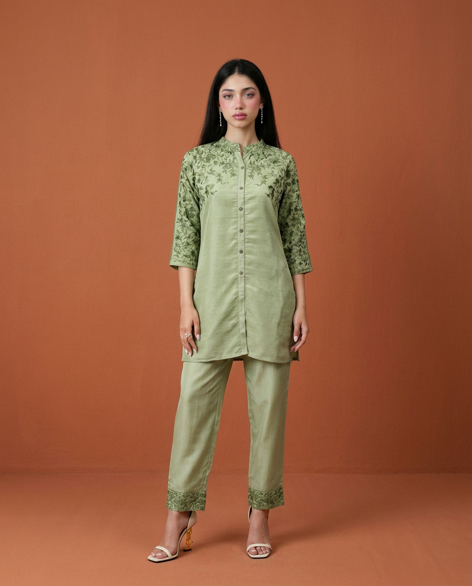 Green Embroidered Viscose Blended Co-Ord Set
