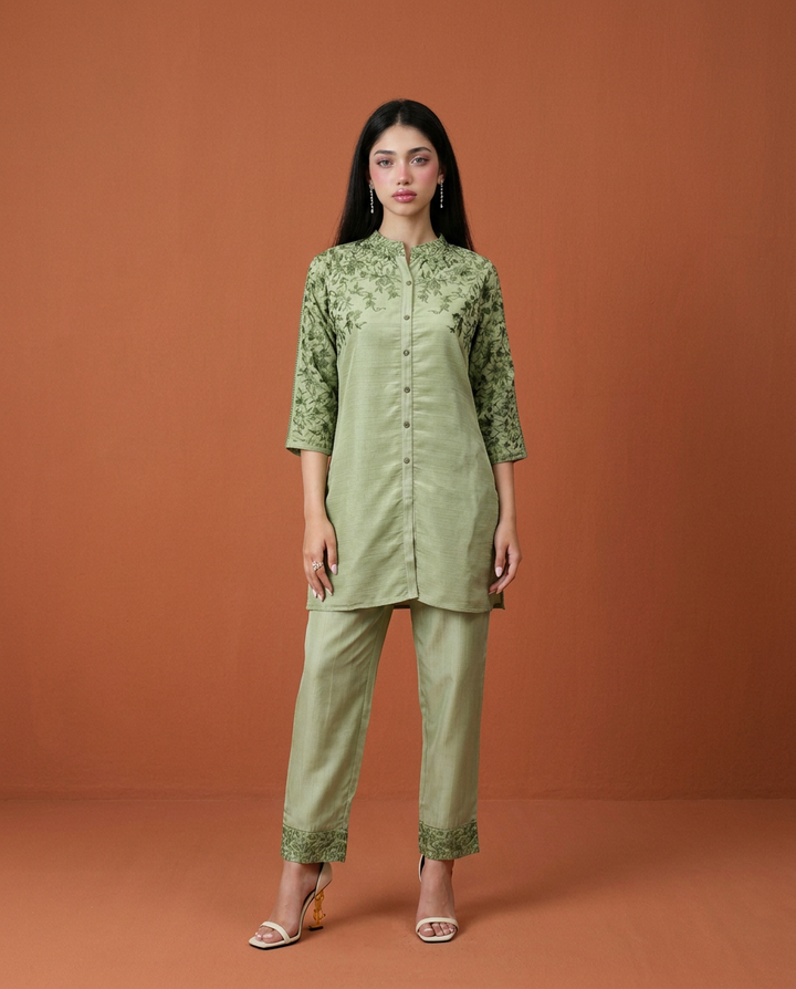Green Embroidered Viscose Blended Co-Ord Set