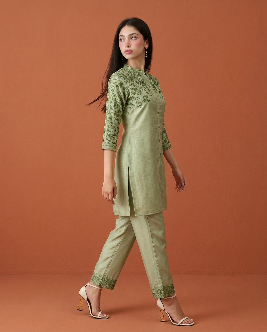 Green Embroidered Viscose Blended Co-Ord Set