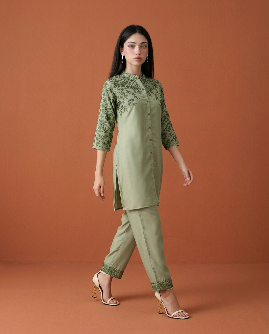 Green Embroidered Viscose Blended Co-Ord Set