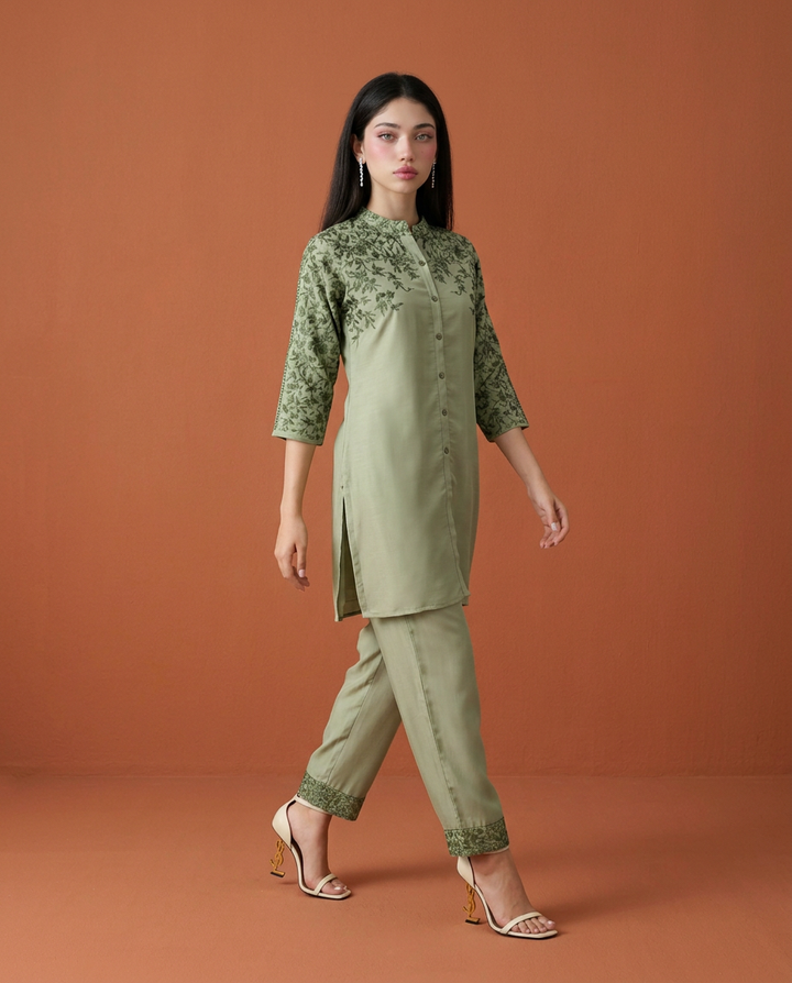 Green Embroidered Viscose Blended Co-Ord Set