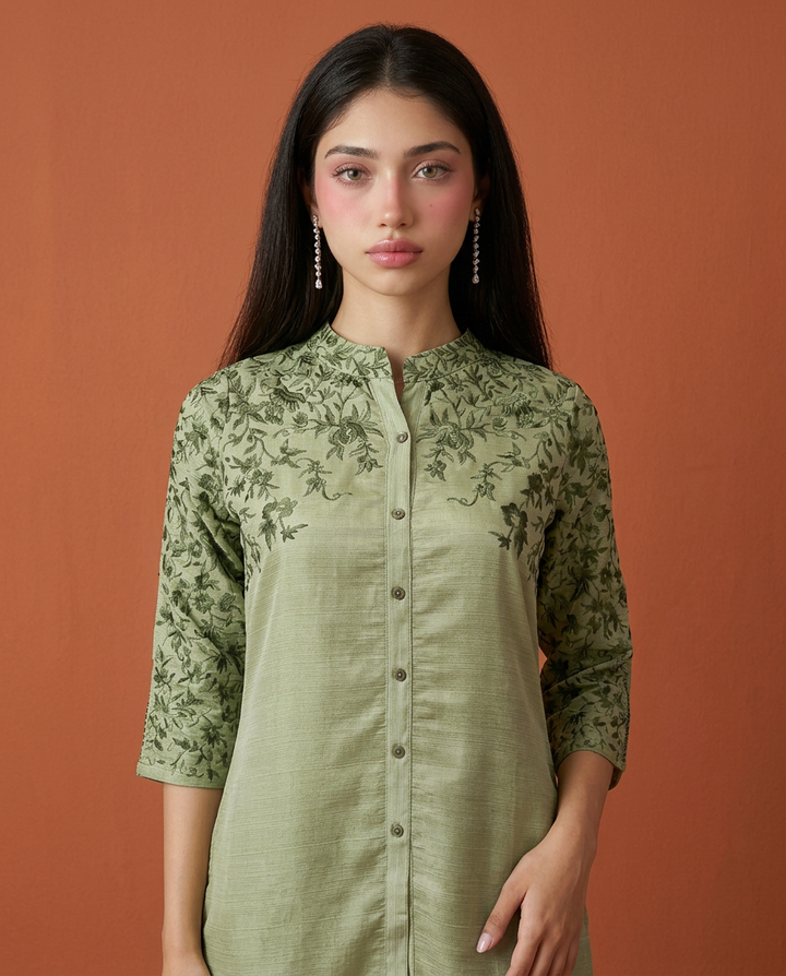 Green Embroidered Viscose Blended Co-Ord Set