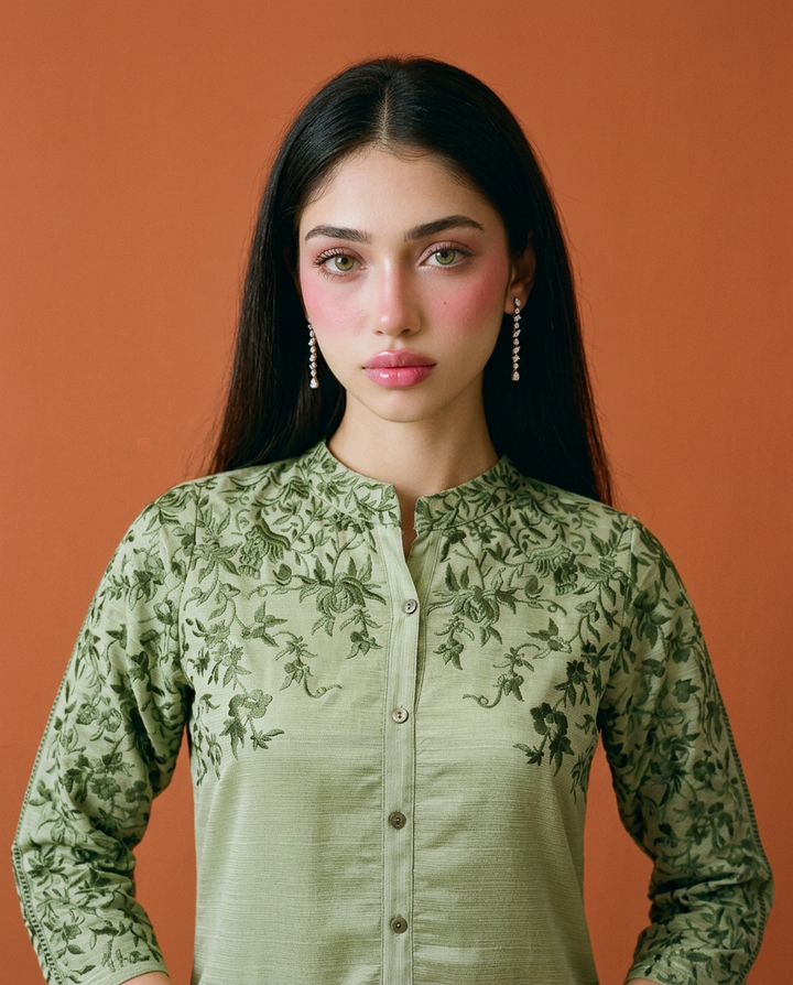 Green Embroidered Viscose Blended Co-Ord Set
