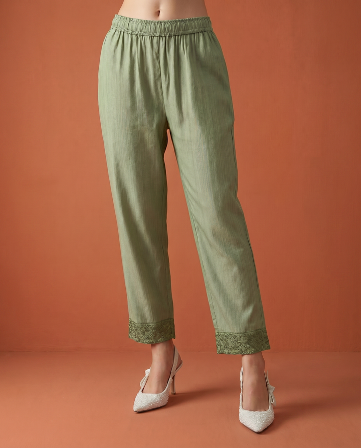 Green Embroidered Viscose Blended Co-Ord Set