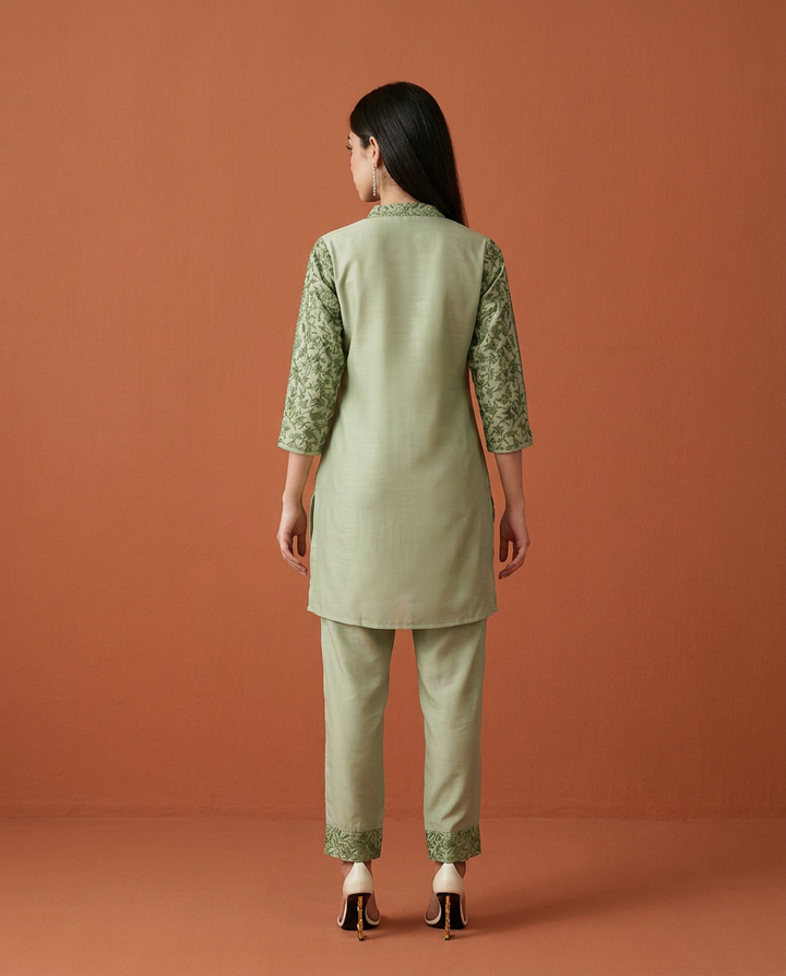 Green Embroidered Viscose Blended Co-Ord Set
