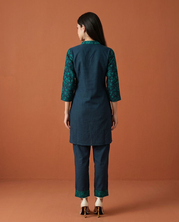 Navy Embroidered Viscose Blended Co-Ord Set