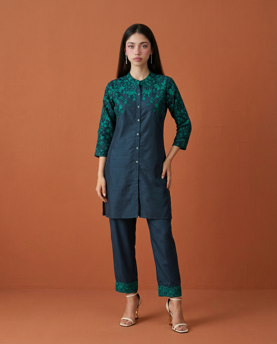 Navy Embroidered Viscose Blended Co-Ord Set