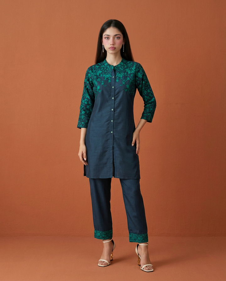 Navy Embroidered Viscose Blended Co-Ord Set