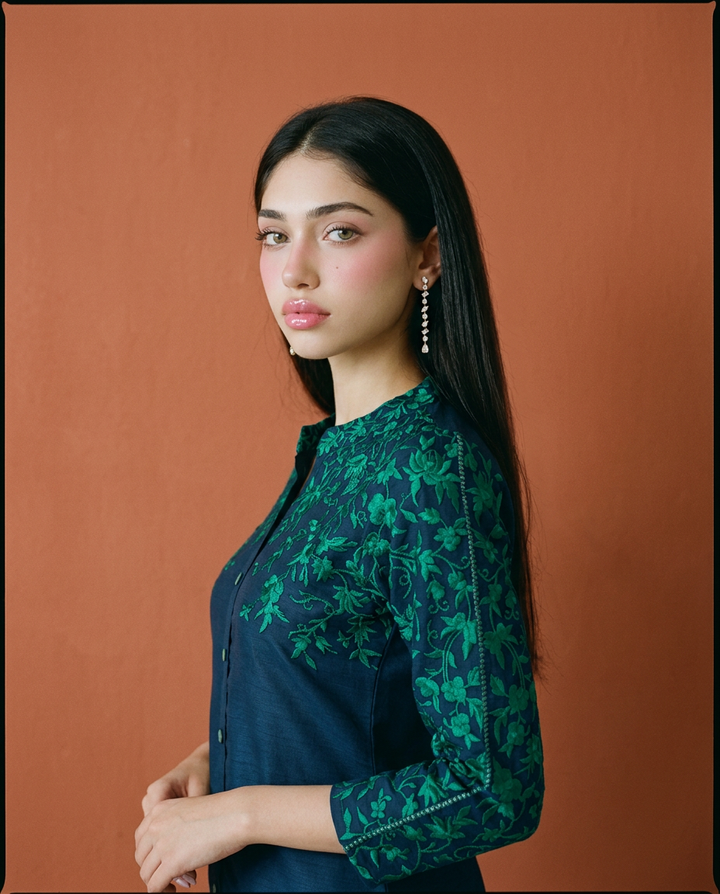 Navy Embroidered Viscose Blended Co-Ord Set