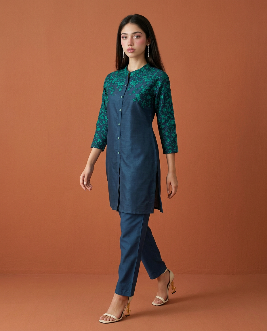 Navy Embroidered Viscose Blended Co-Ord Set