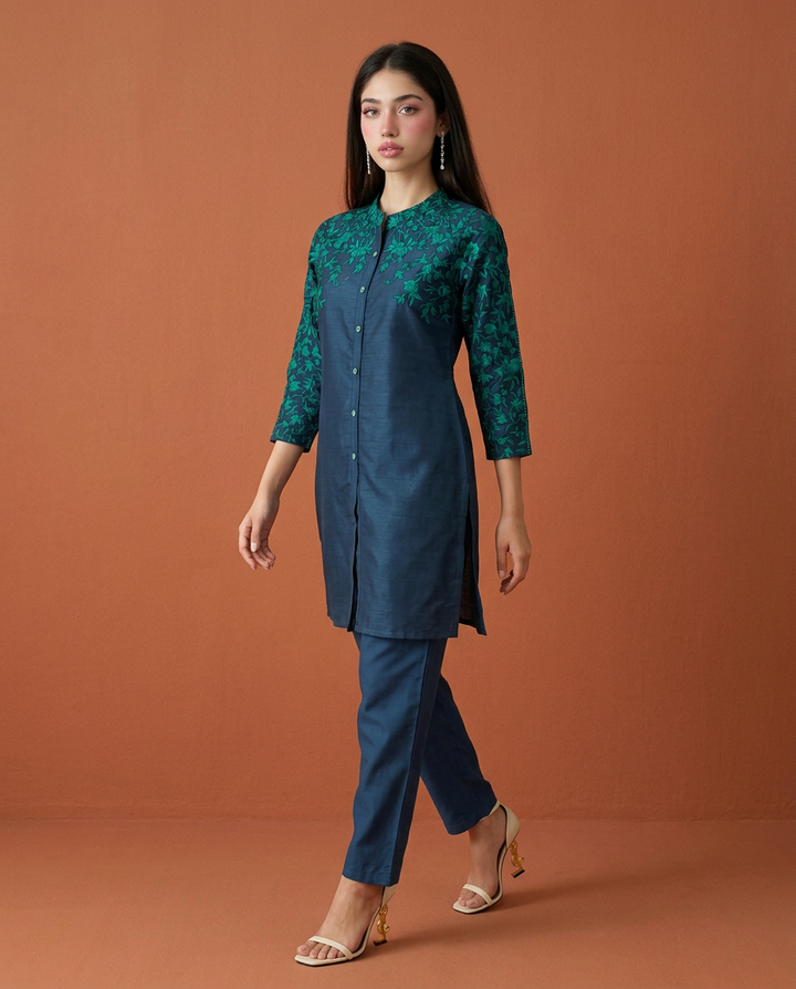 Navy Embroidered Viscose Blended Co-Ord Set
