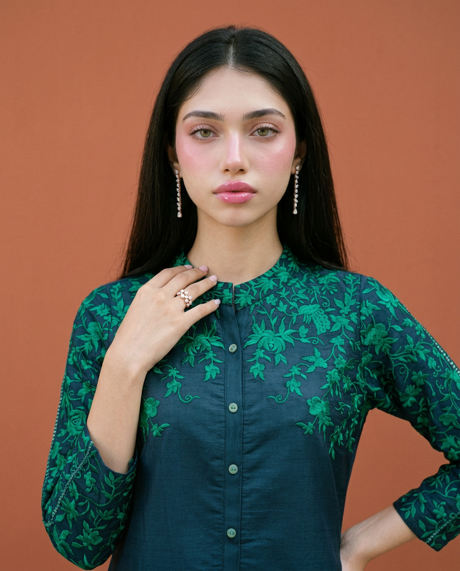 Navy Embroidered Viscose Blended Co-Ord Set