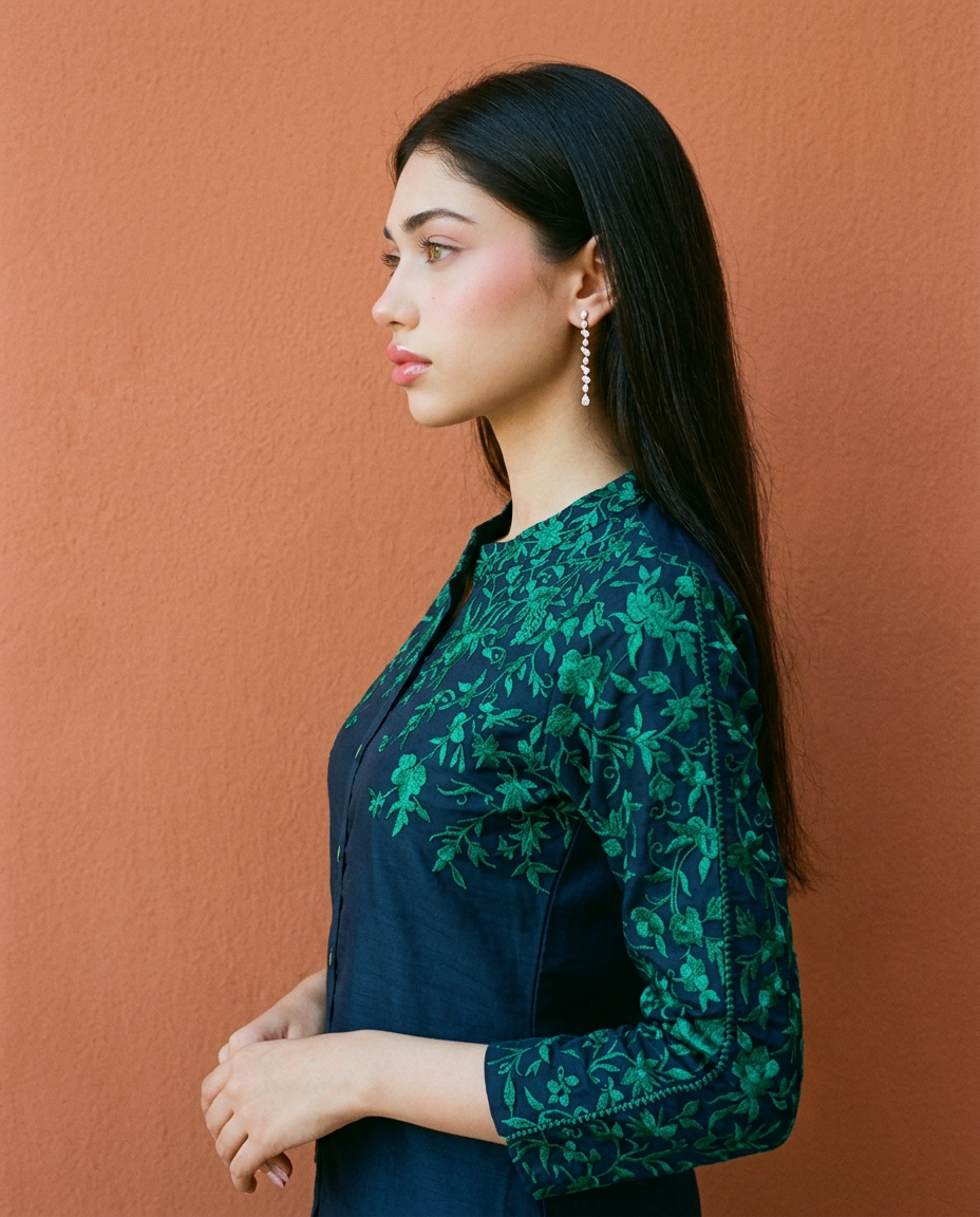 Navy Embroidered Viscose Blended Co-Ord Set