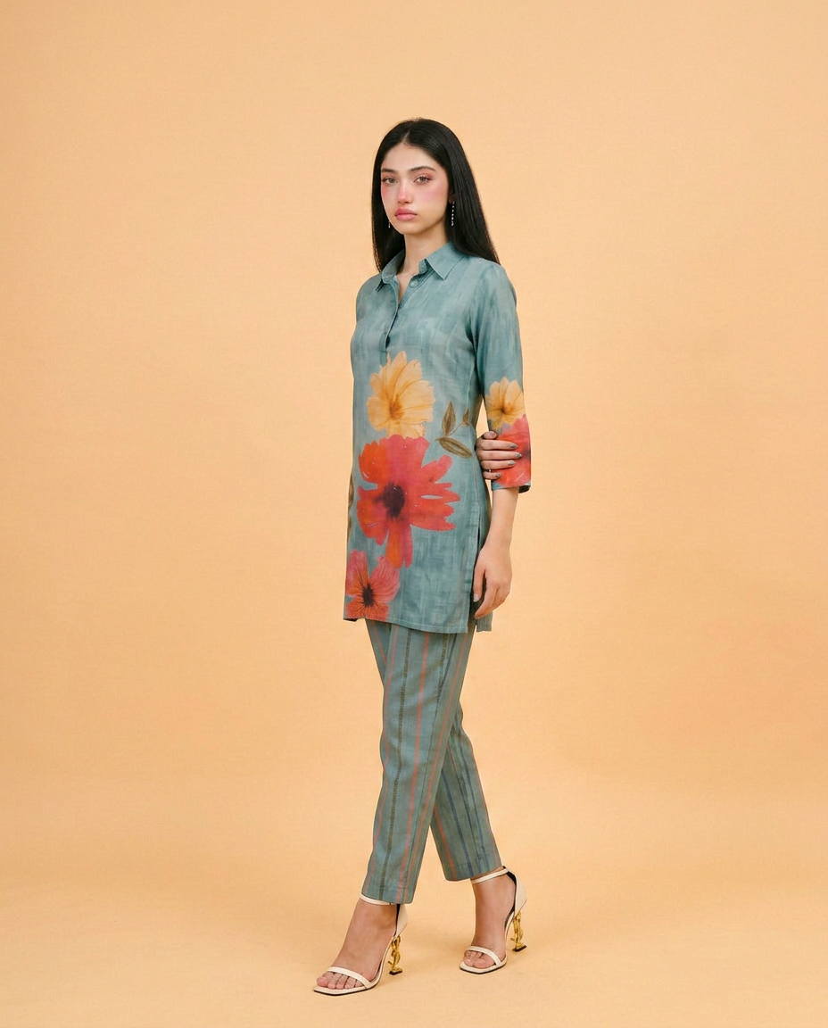 Green Printed Crepe Silk Co-Ord Set