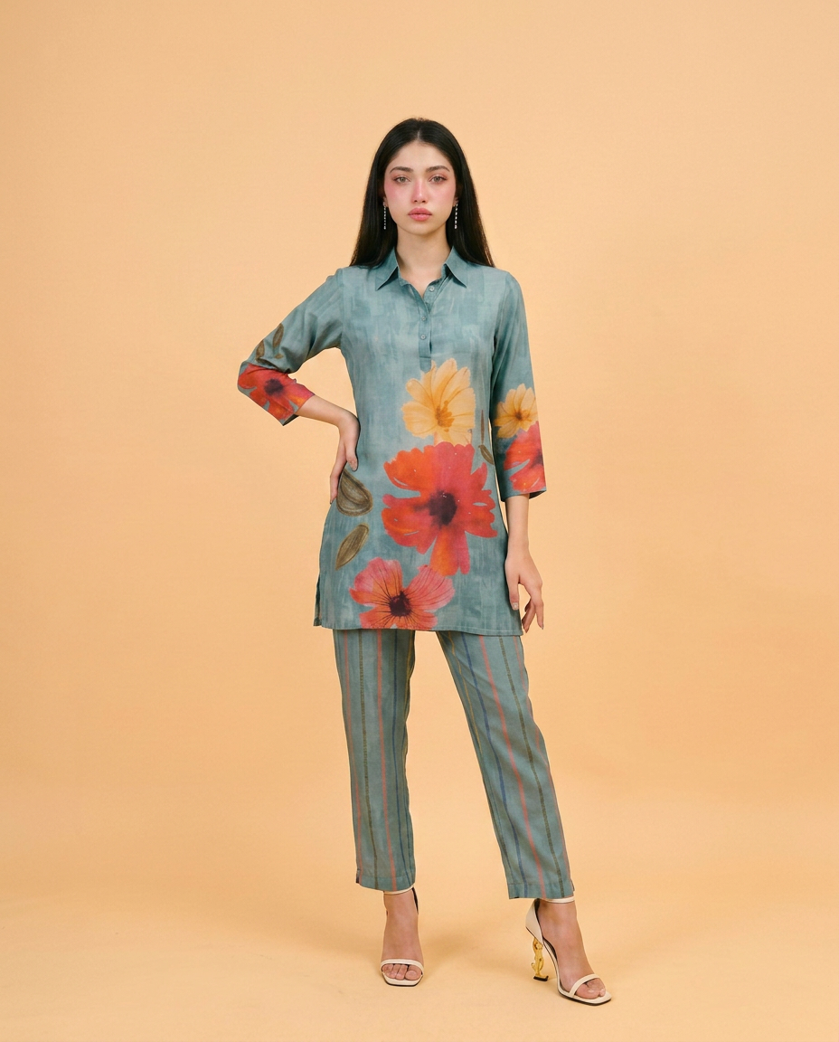 Green Printed Crepe Silk Co-Ord Set