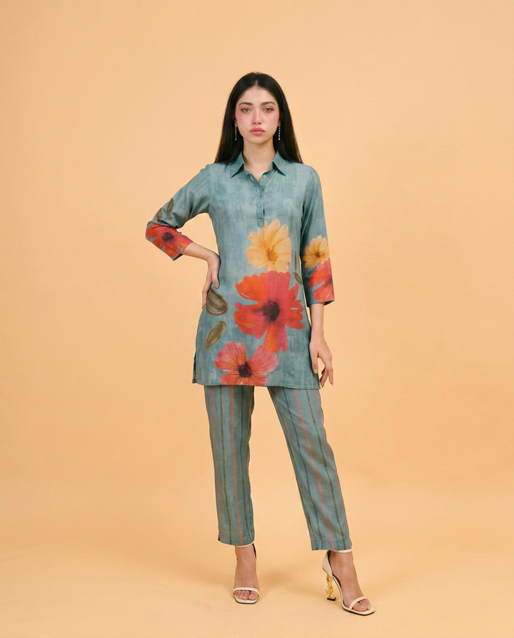 Green Printed Crepe Silk Co-Ord Set