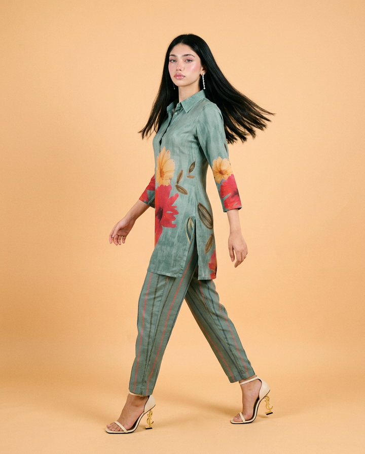Green Printed Crepe Silk Co-Ord Set