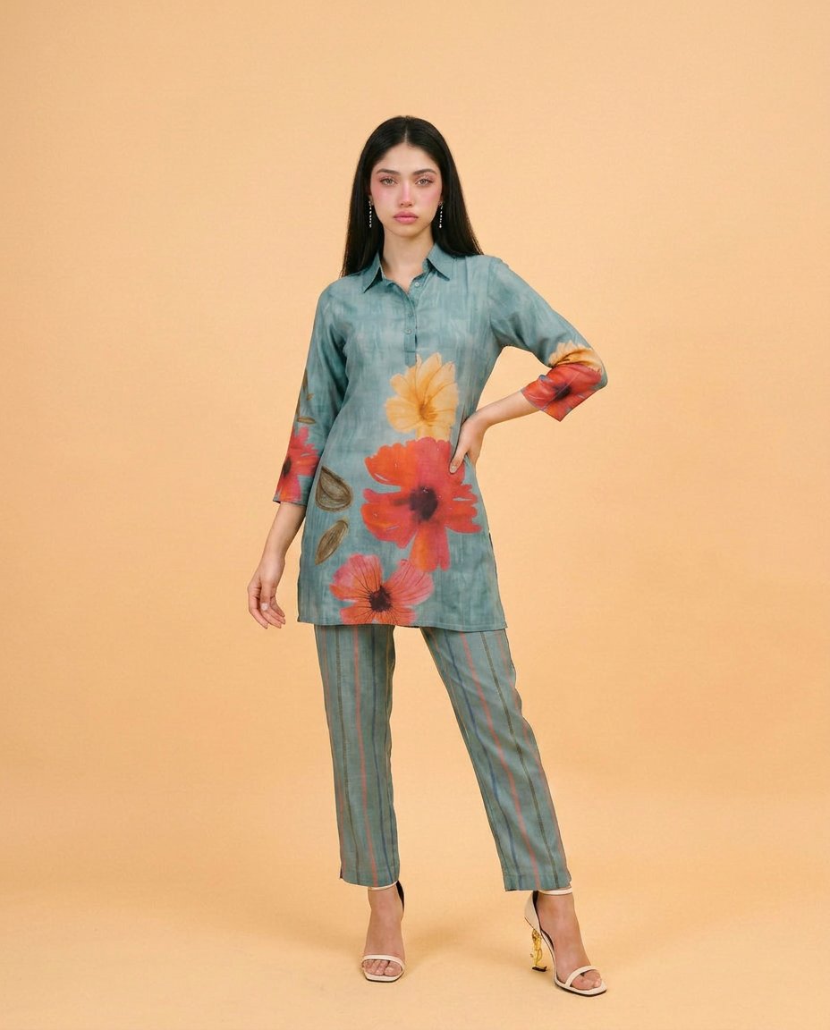 Green Printed Crepe Silk Co-Ord Set