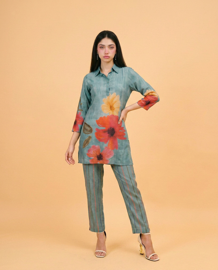Green Printed Crepe Silk Co-Ord Set