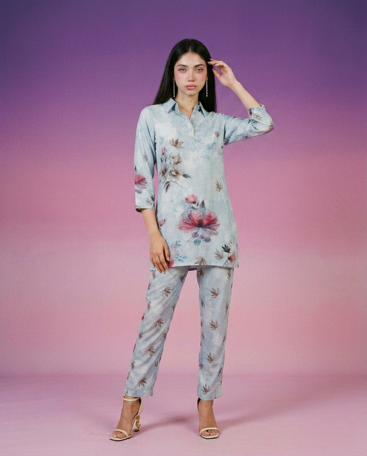 Grey Printed Crepe Silk Co-Ord Set