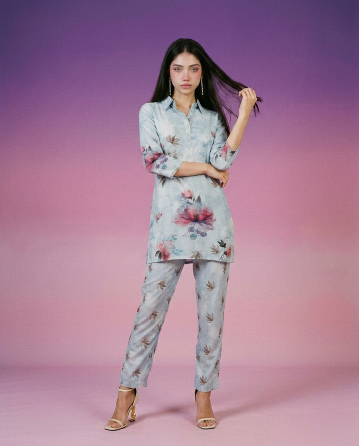 Grey Printed Crepe Silk Co-Ord Set