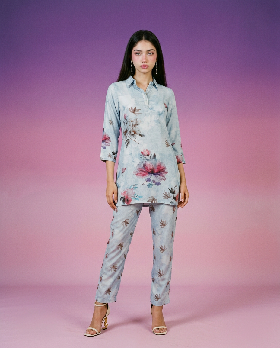 Grey Printed Crepe Silk Co-Ord Set
