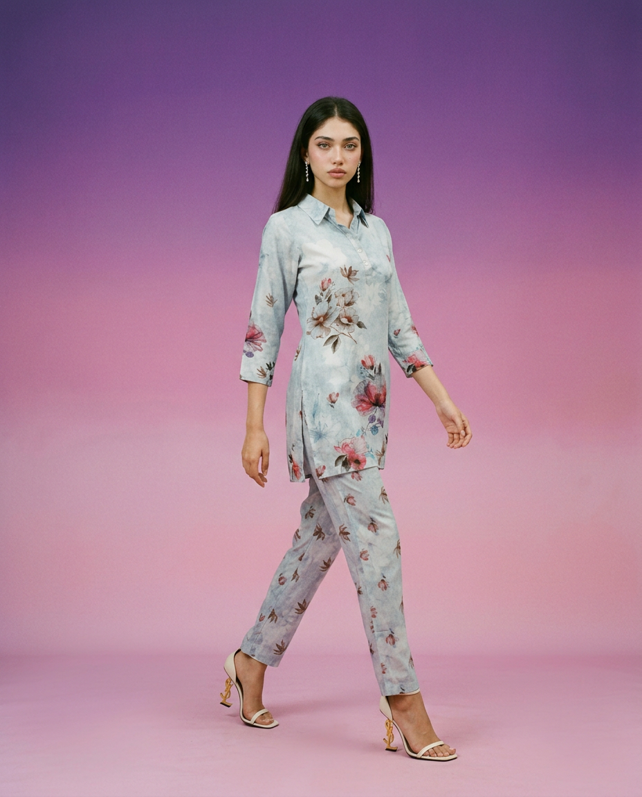 Grey Printed Crepe Silk Co-Ord Set