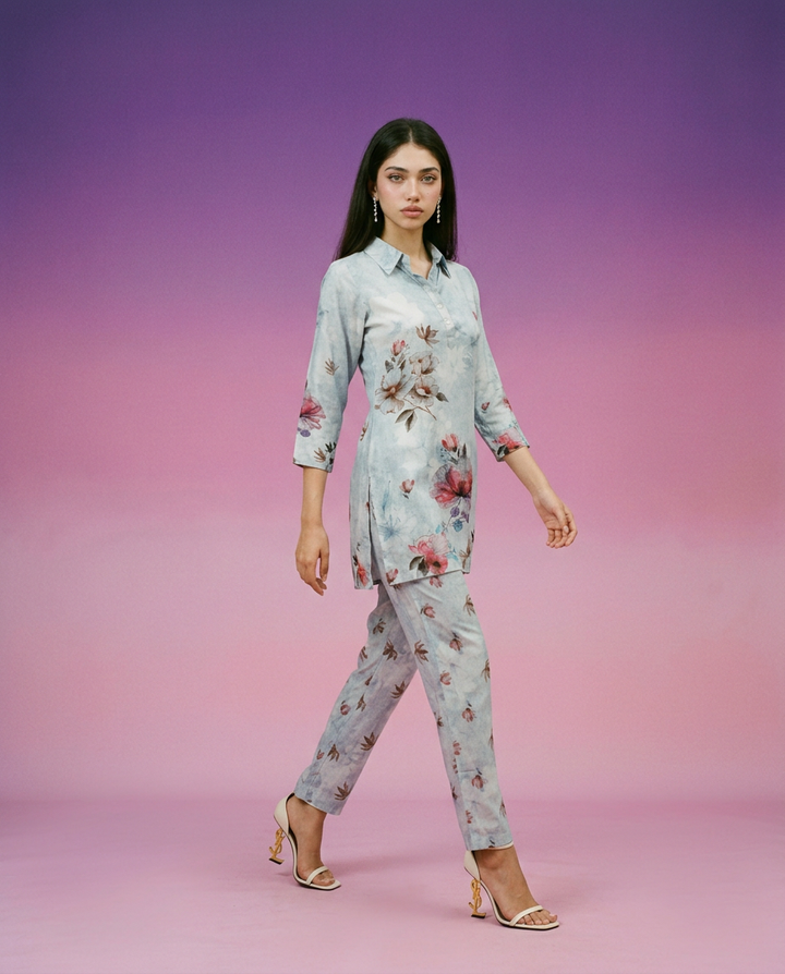 Grey Printed Crepe Silk Co-Ord Set