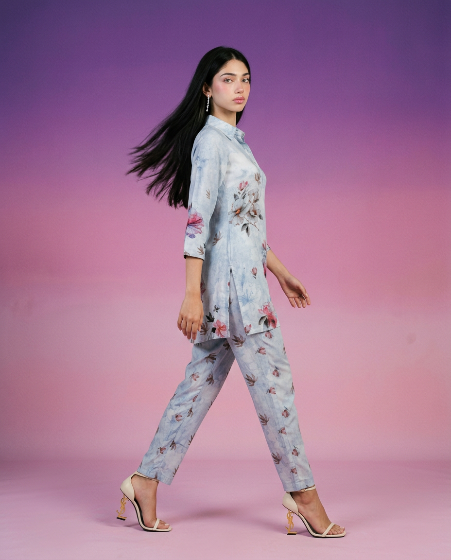 Grey Printed Crepe Silk Co-Ord Set